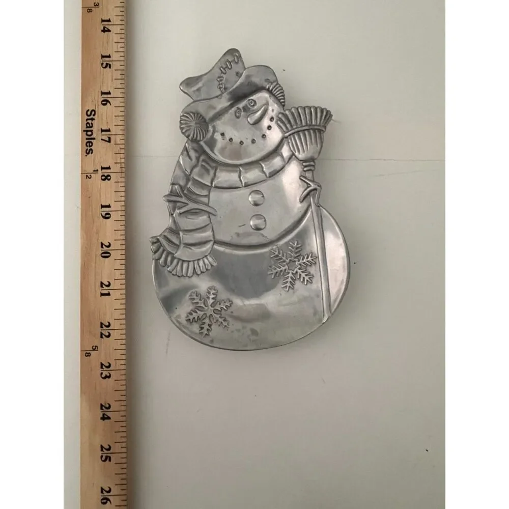 vtg. 1999 pewter-finish metal snowman candy dish